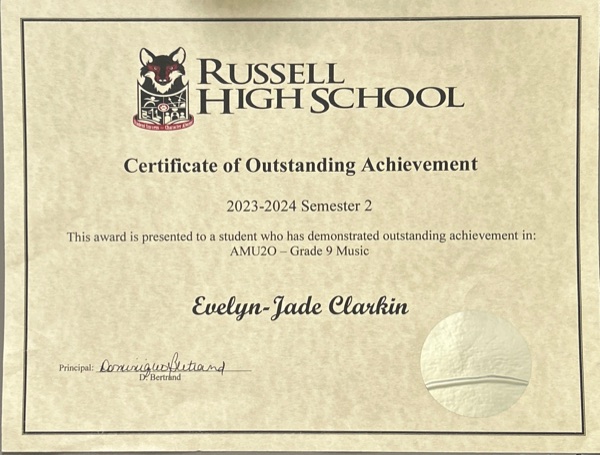 Outstanding Achievement — Grade 9 Music certificate