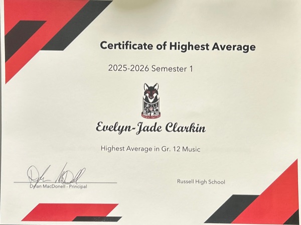 Highest Average — Gr. 12 Music certificate